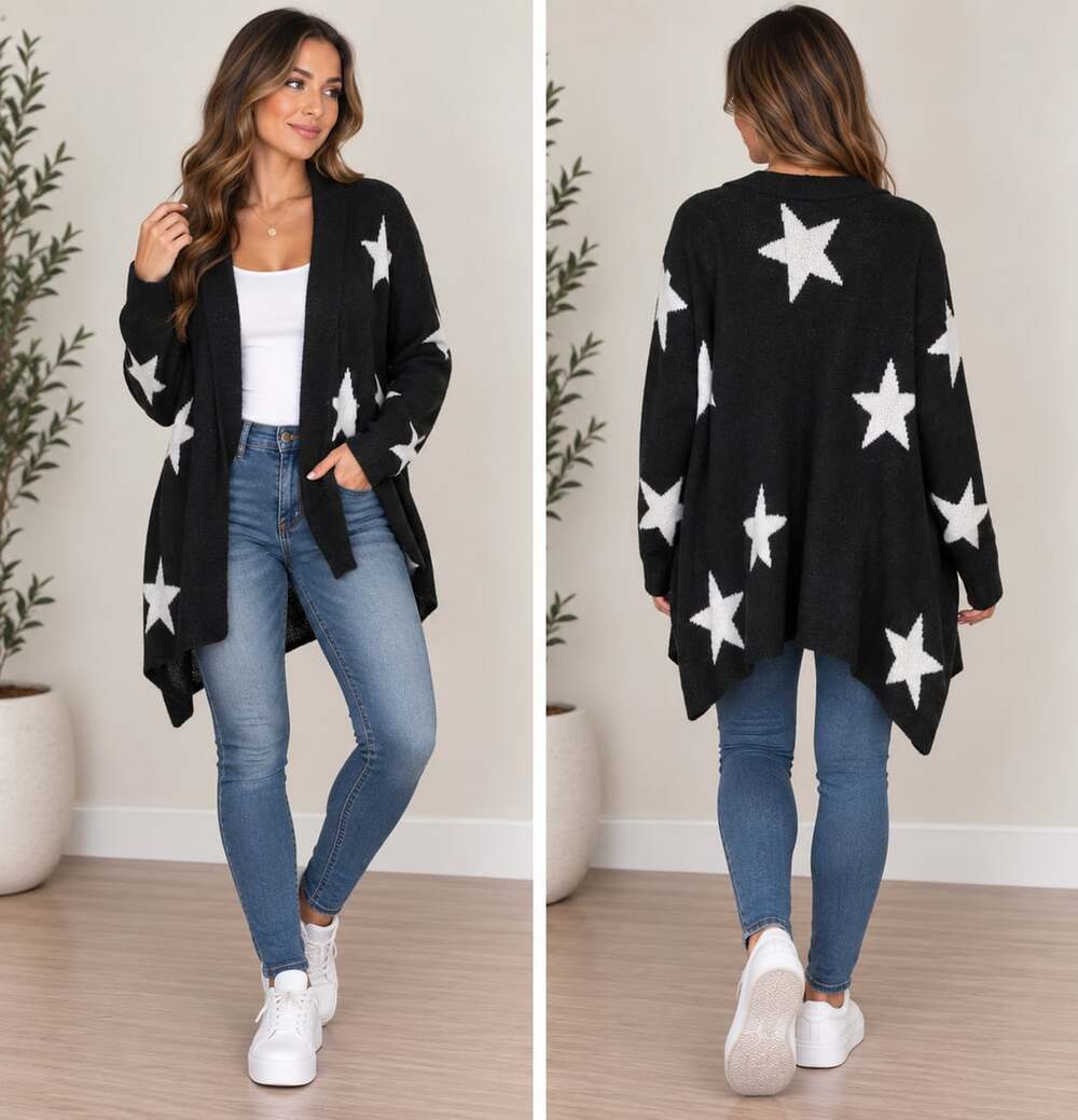 Celestial Star Cardigan Oversized Black White Cozy Statement Knit